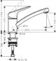 Hansgrohe Spültischmischer mit einem geschwungenen Auslauf und einem Hebel. Die technischen Maße sind im Diagramm dargestellt, einschließlich Anschluss und Befestigung.